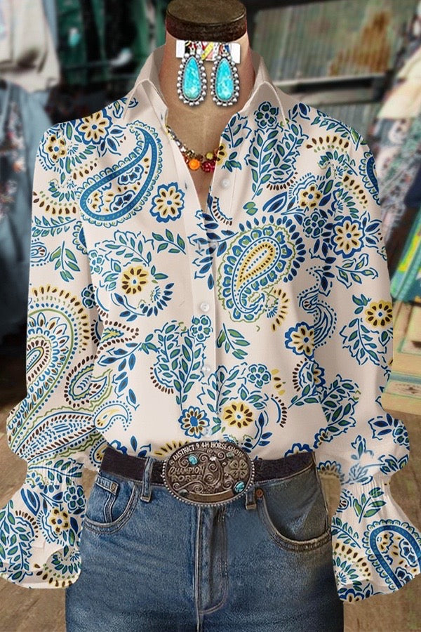 Vintage Paisley Print Flared Cuffs Blouse