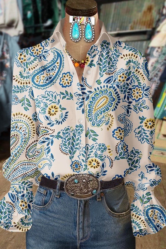 Vintage Paisley Print Flared Cuffs Blouse