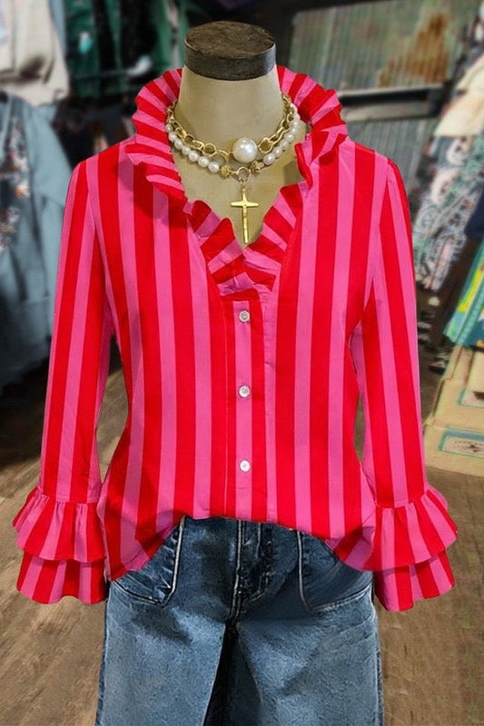 Striped Ruffle Neck Double Bell Sleeves Blouse