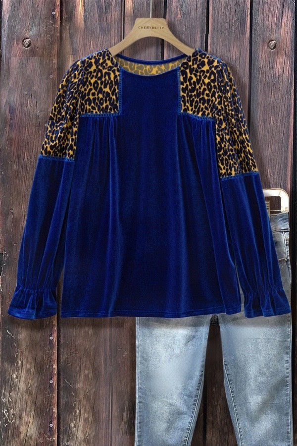 Leopard Print Puff Long Sleeve Velvet Shirt