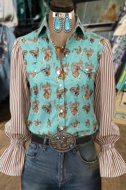 Retro Rodeo Cowboy Print Striped Flared Cuffs Blouse