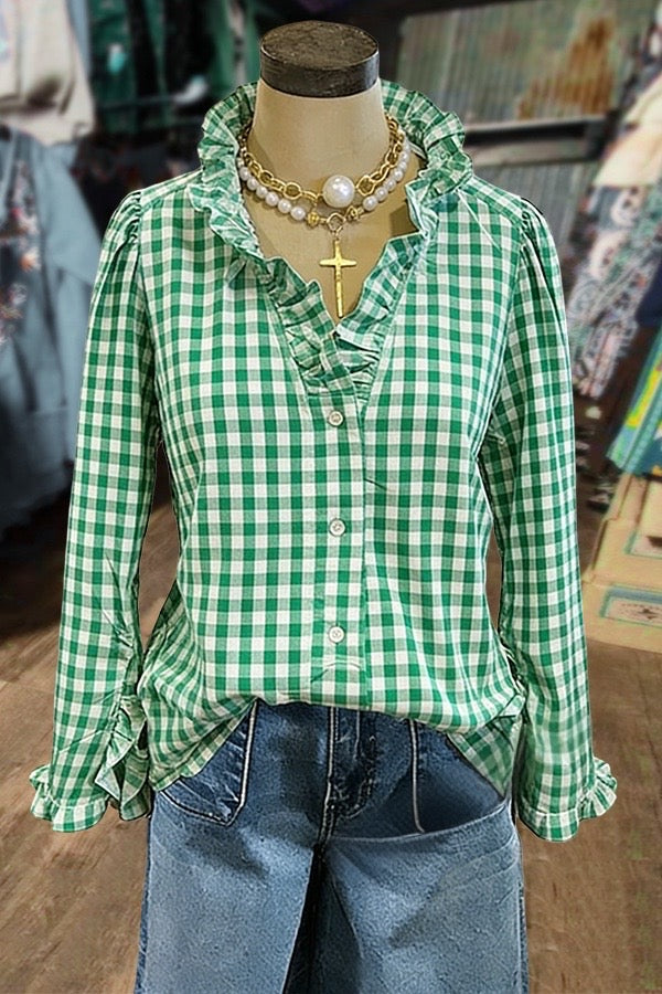 Casual Gingham Print Ruffle Neck Blouse
