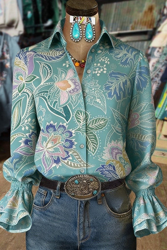 Vintage Floral Print Flared Cuffs Blouse