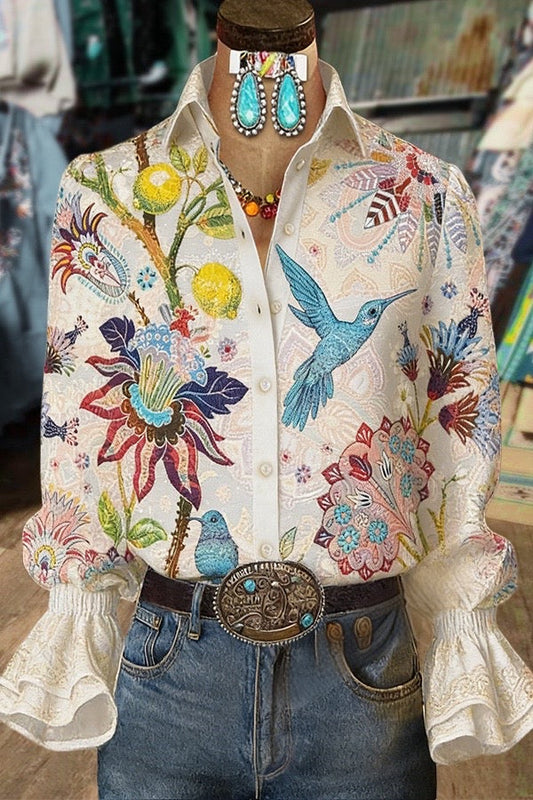 Vintage Floral Print Flared Cuffs Blouse
