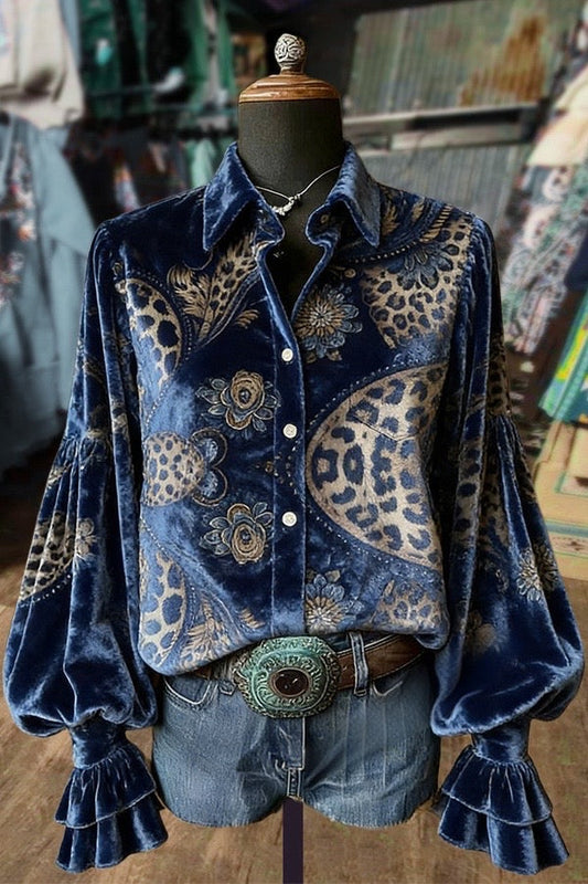 Leopard Paisley Print Balloon Sleeve Velvet Top