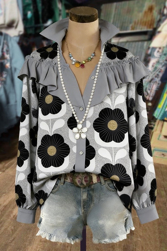 Floral Print Ruffle Trim Long Sleeve Blouse