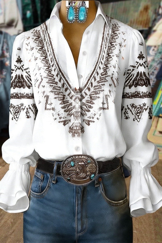 Vintage Ethnic Print Double Flared Cuffs Blouse