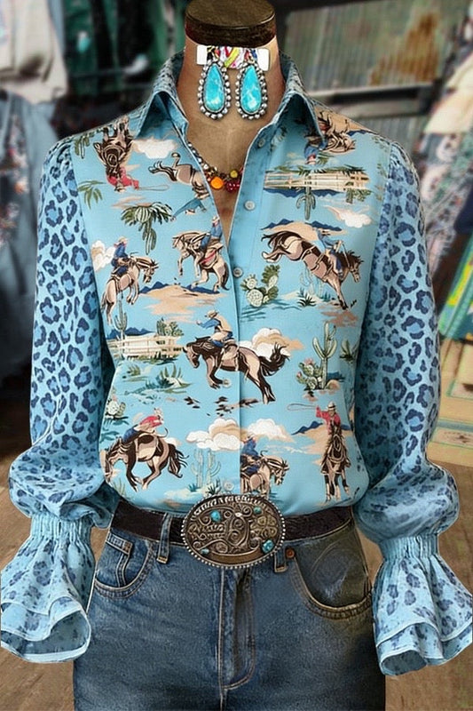Rodeo Cowboy Print Leopard Double Flared Cuffs Blouse