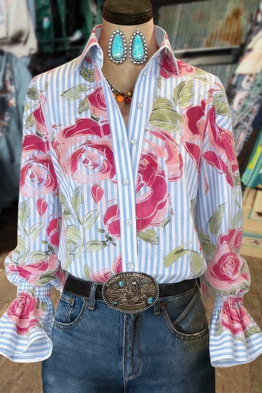 Vintage Floral Striped Print Flared Cuffs Blouse