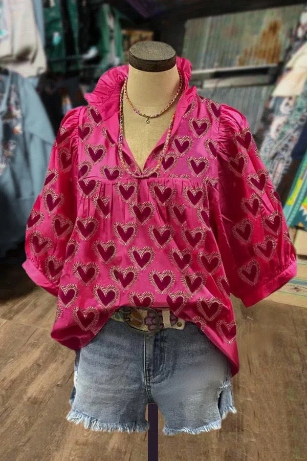 Hearth Print Ruffle V-Neck Bubble Sleeve Top