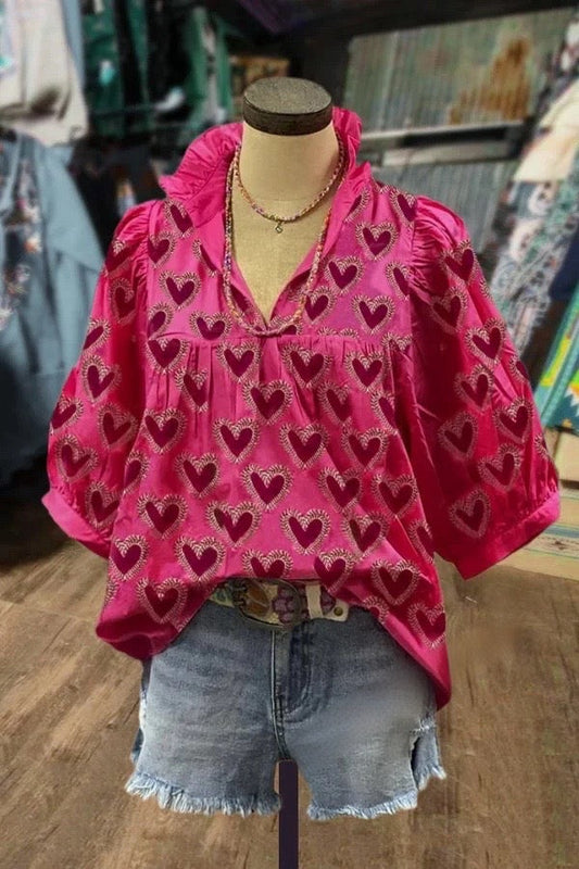 Hearth Print Ruffle V-Neck Bubble Sleeve Top