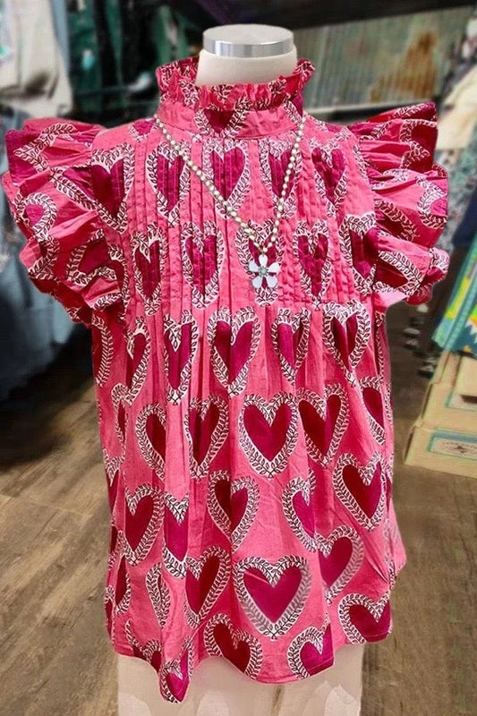 Heart Print Ruffle Sleeve Pleated Top