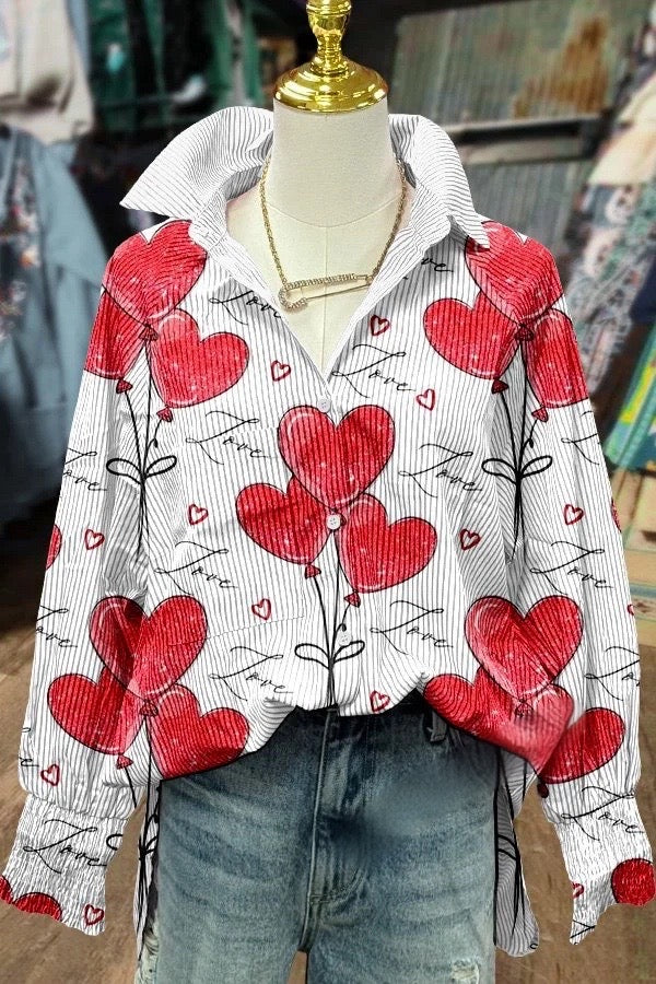 Heart Print Striped Valentine's Day Blouse