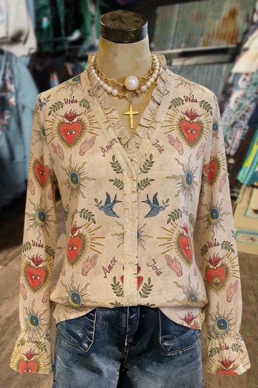 Retro Heart Print Ruffle V-Neck Puff Sleeves Blouse