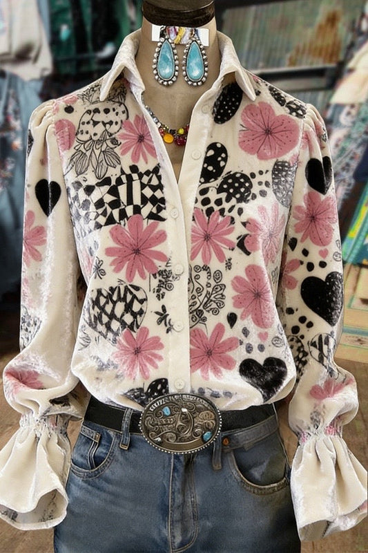 Mixed Heart Floral Print Flared Cuffs Velvet Shirt