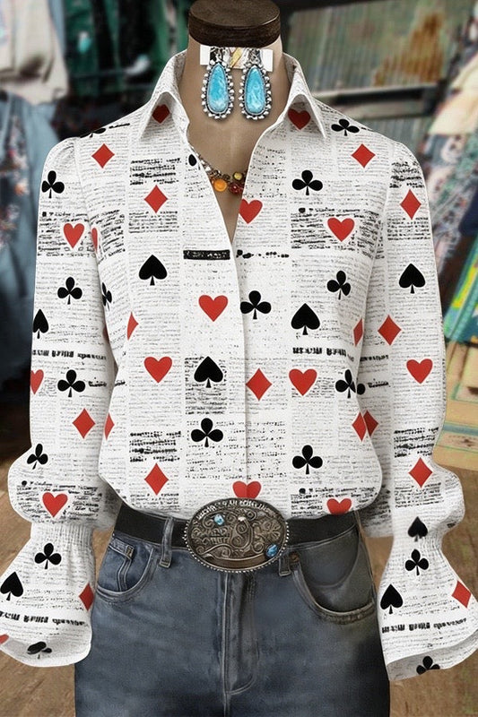 Chic Letter Queen Of Hearts Print Flared Cuffs Blouse