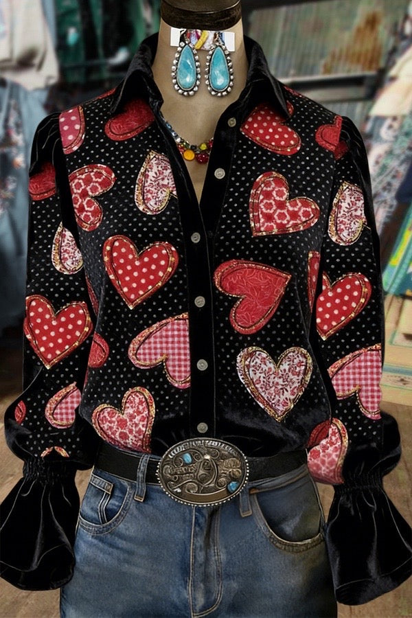 Retro Heart Print Flared Cuffs Velvet Shirt