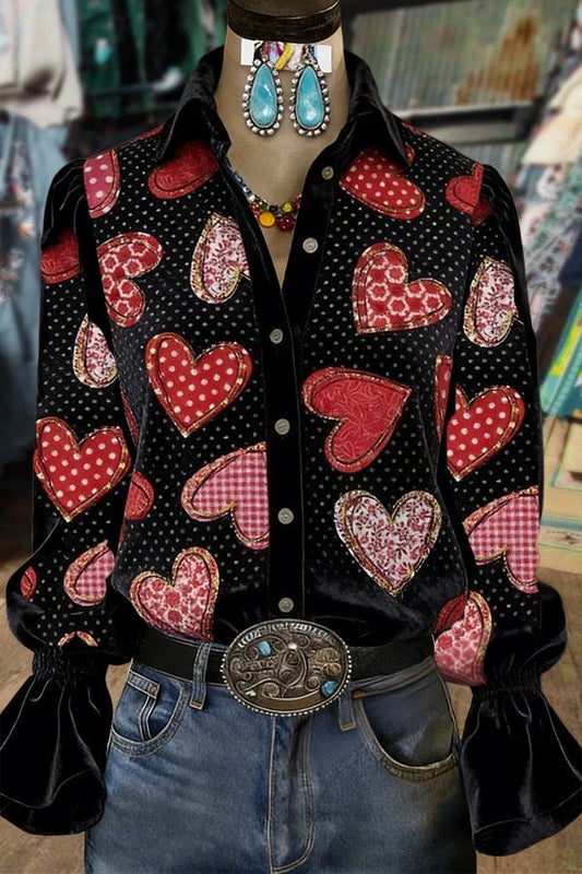 Retro Heart Print Flared Cuffs Velvet Shirt