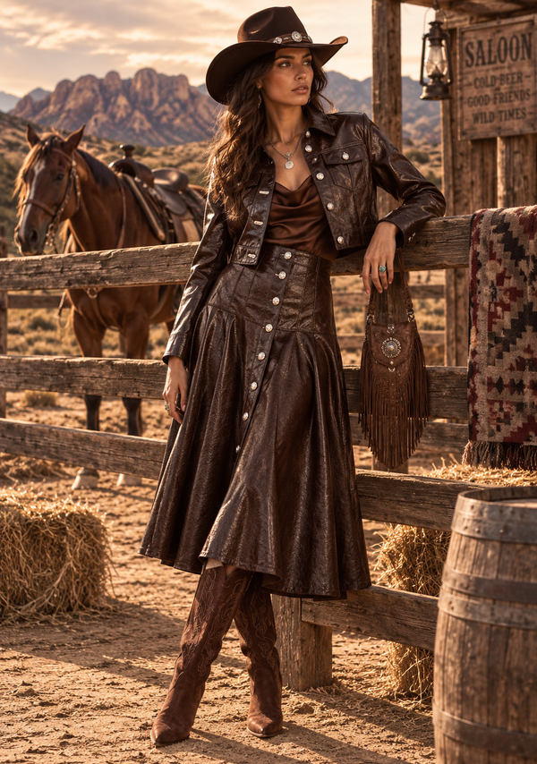 Brown Faux Leather Western Jacket and Skirt Set