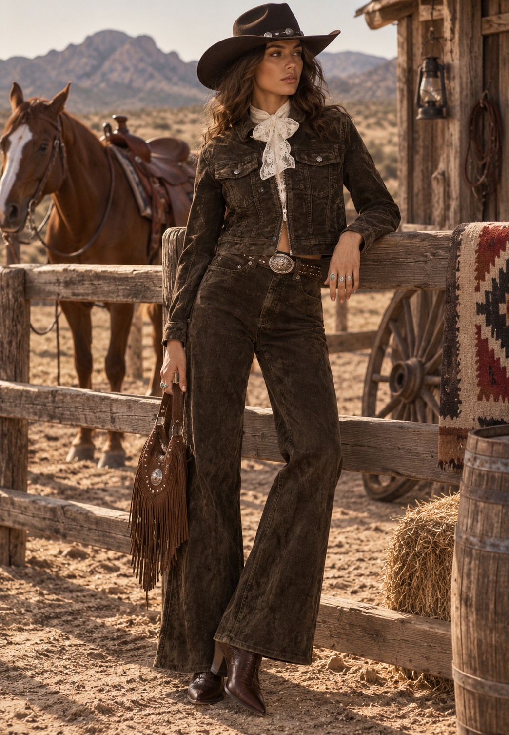 Brown Denim Western Jacket and Pants Set