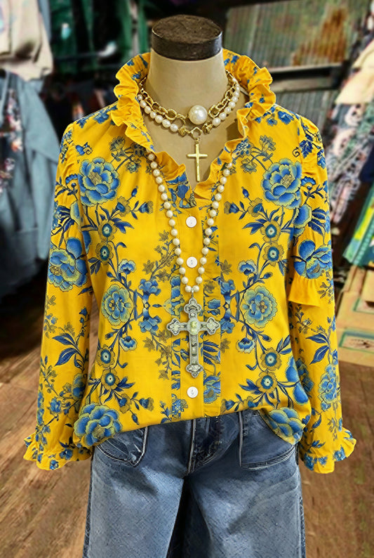 Ruffle Collar Floral Print Long Sleeve Blouse