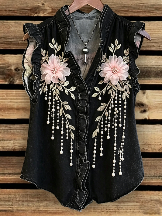 3D Flower Pearl Fringe Denim Vest