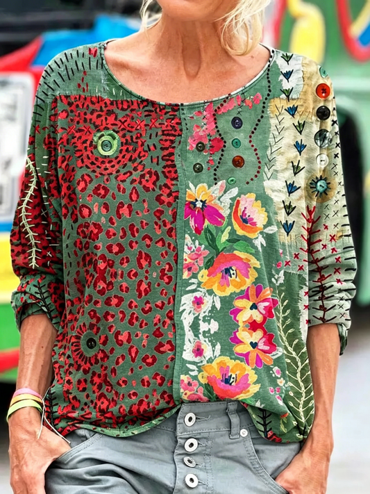 Leopard Floral Patchwork Long Sleeve Blouse