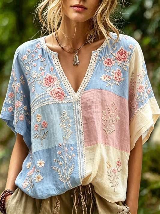 Color Block Floral Embroidered Peasant Blouse