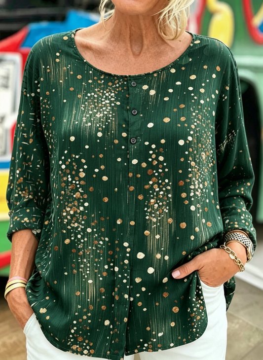 Gold Dot Print Half-Button Long Sleeve Blouse