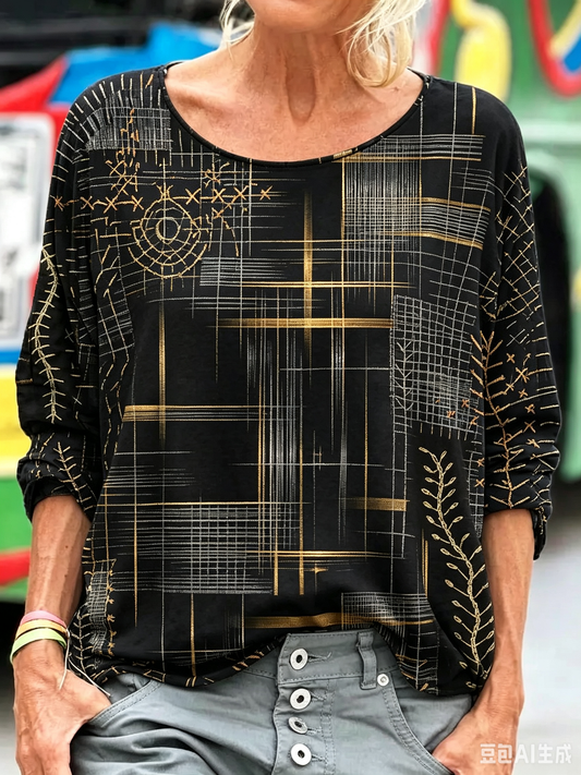 Geometric Gold Print Batwing Sleeve Top