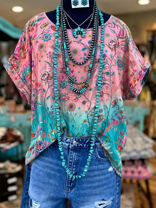 Ombre Floral Short Sleeve Relaxed Fit Blouse