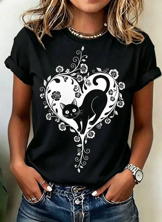 Heart Shaped Floral Cat Graphic Round Neck T-Shirt