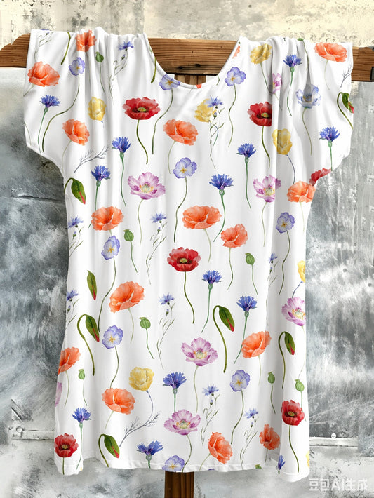 Watercolor Floral Print Short Sleeve Tunic Top