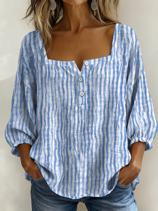Square Neck Blue Stripe Button Detail 3/4 Sleeve Top