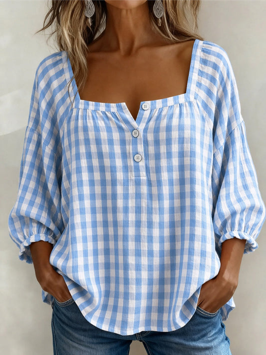Square Neck Gingham Check 3/4 Sleeve Button Blouse