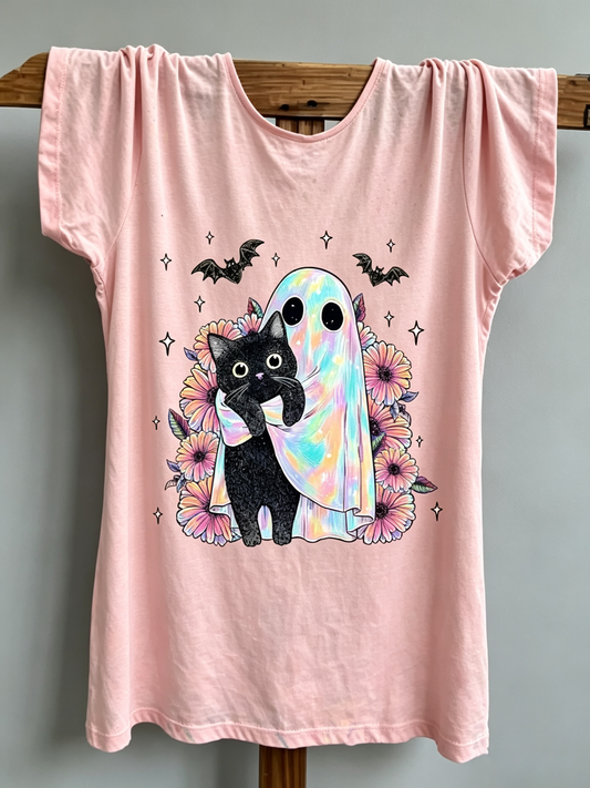 Black Cat And Holographic Ghost Graphic T-Shirt