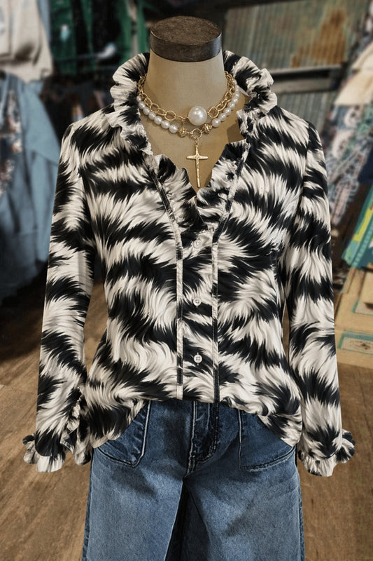 Feather Abstract Print Ruffled Button-Down Blouse