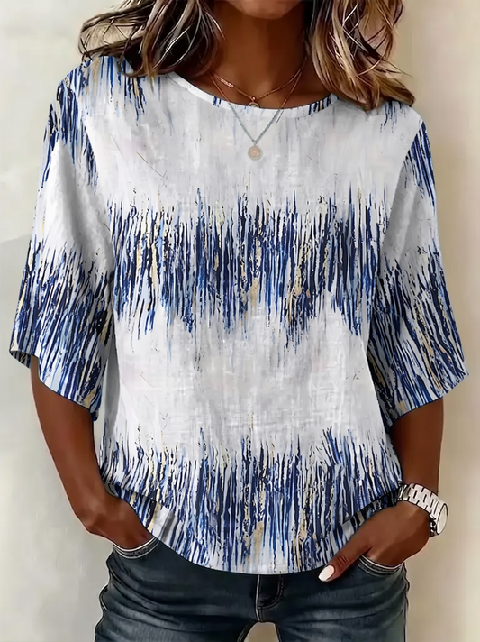 Abstract Blue Brushstroke Round Neck Short Sleeve Top