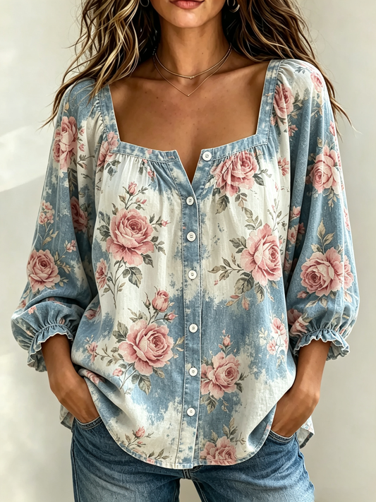 Rose Print Denim Style Button-Up Top