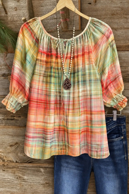 Rainbow Plaid Tie-Neck 3/4 Sleeve Peasant Top