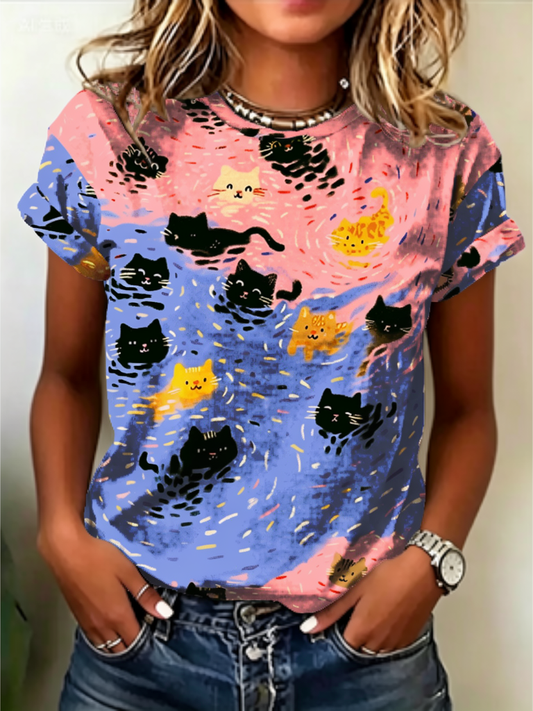 Colorful Cat Print Crew Neck T-Shirt