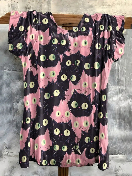 Funny Pink Black Cat Face Print Top
