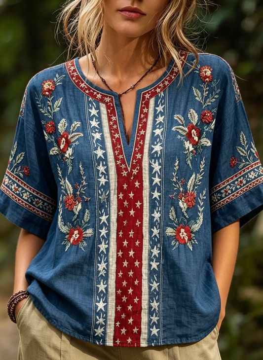 Western Star And Floral Embroidered V-Neck Top