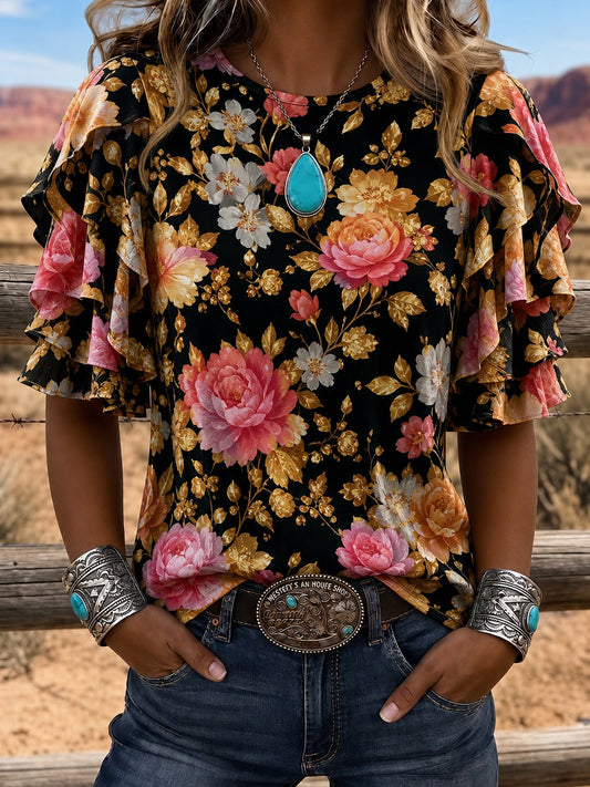 Black Floral Print Layered Ruffle Sleeve Top