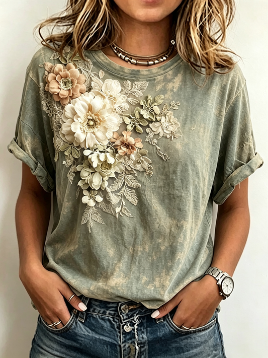 Acid Wash 3D Floral Applique Short Sleeve Top