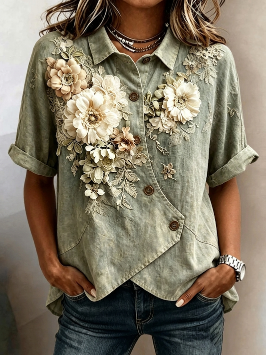 3D Floral Applique Asymmetric Hem Shirt