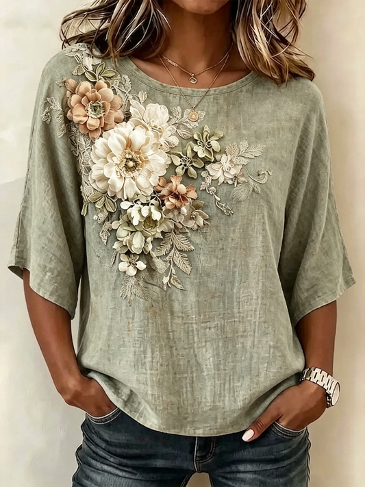 Sage Green 3D Floral Embroidered Relaxed Top