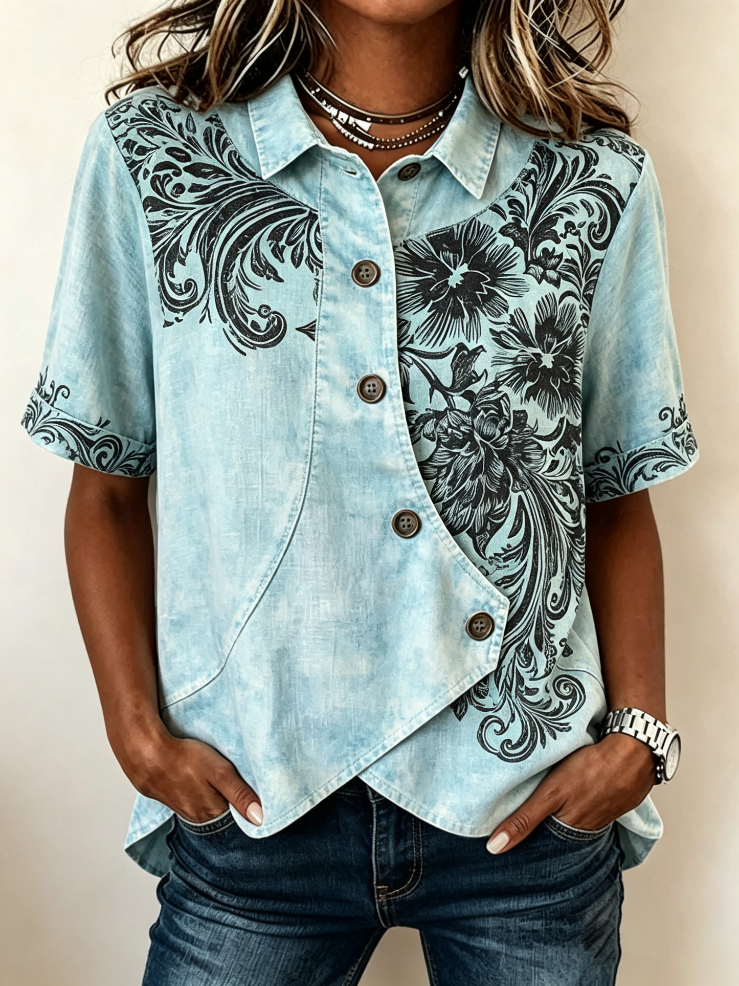 Light Blue Black Floral Baroque Print Asymmetric Shirt
