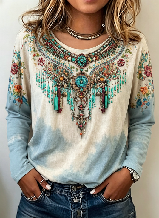 Ombre Fringe Beaded Necklace Print Long Sleeve Tee