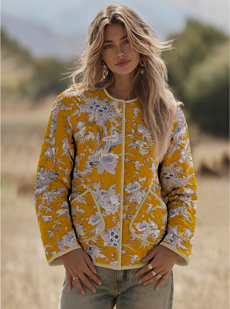 Yellow Floral Quilted Snap-Front Jacket